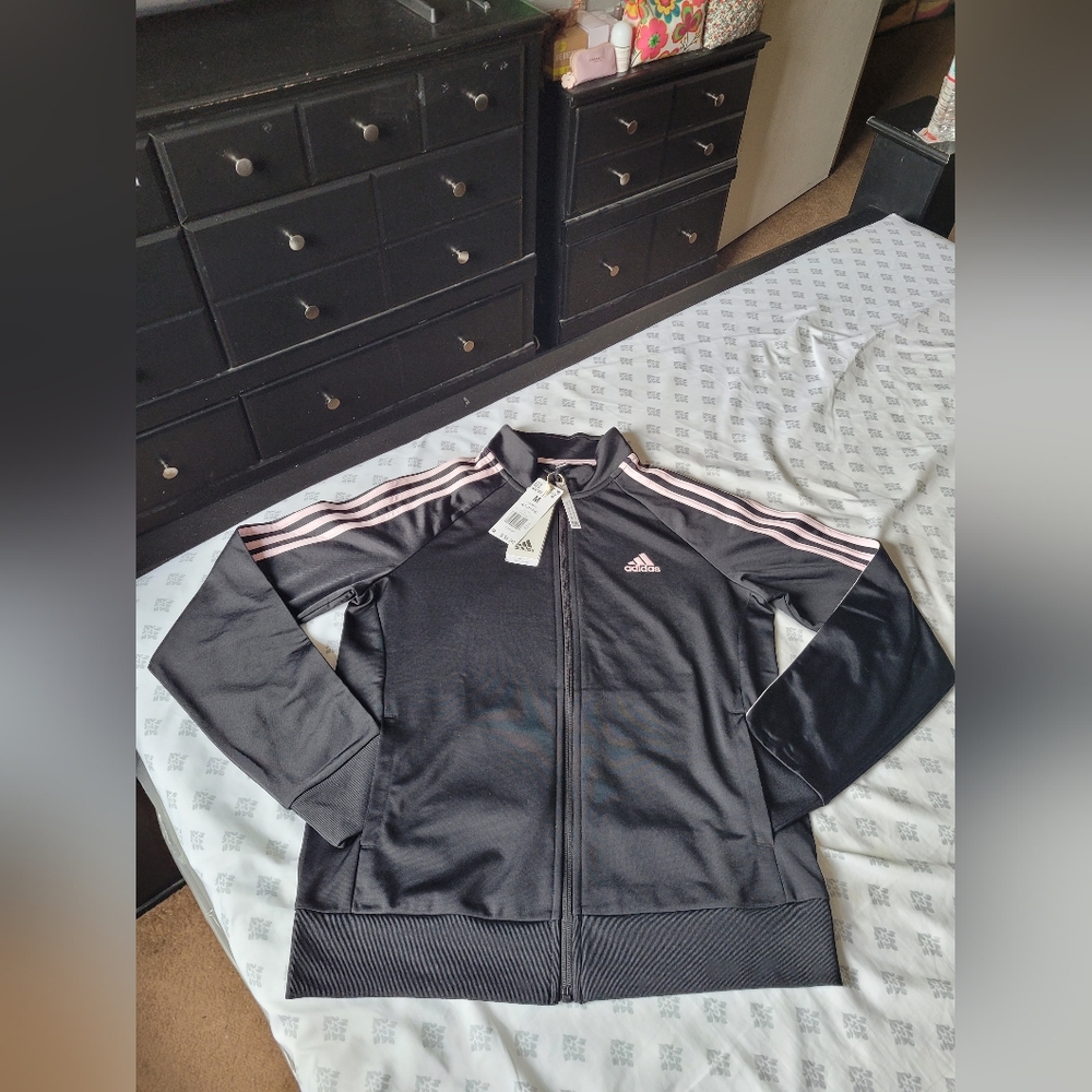 Adidas Black Zip Up Track Top with Light Pink Iconic Stripes